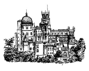 Fototapeta premium background views of the Pena Palace in the green, Sintra, Portugal, sketch, hand-drawn vector illustration