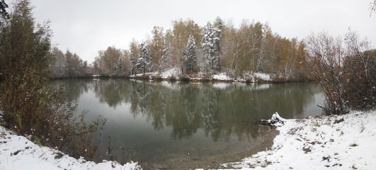 Pond in a forest in winter.