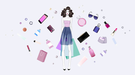 Fashion girl in dress with purchases