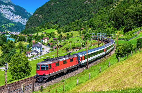 Intercity train climbs up the Gotthard railway - Switzerland