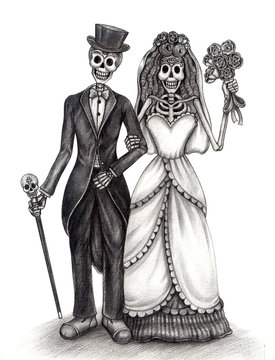 Skull art day of the dead.Art design skull wedding in love action smiley face day of the dead festival hand pencil drawing on paper.