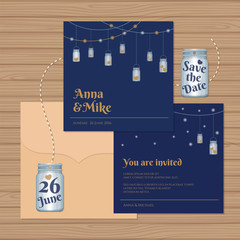 Wedding invitation or greeting card with mason jars. Vector illustration.