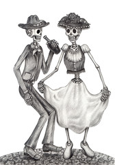 Sugar skull couple dancing day of the dead design by hand pencil drawing on paper.