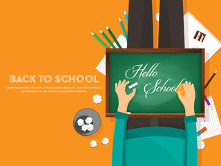 Back to school flat background. Online education and study. Teacher, student.