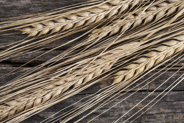 Wheat Ears on the Wooden Table. Sheaf of Wheat over Wood Background