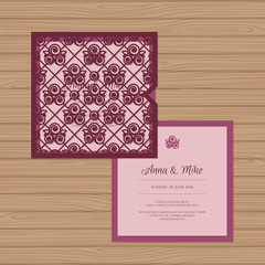 Wedding invitation or greeting card with seamless roses pattern. Cut laser square envelope template. Wedding invitation envelope for laser cutting. Vector illustration.