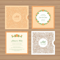 Wedding invitation or greeting card with flower ornament. Cut laser square envelope template. Wedding invitation envelope for laser cutting. Vector illustration.