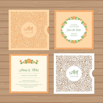 Wedding invitation or greeting card with flower ornament. Cut laser square envelope template. Wedding invitation envelope for laser cutting. Vector illustration.