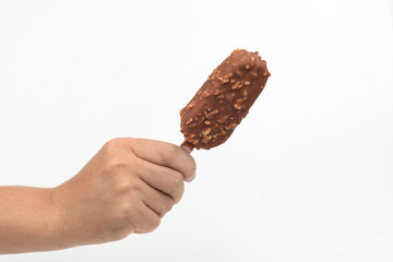 Hand holding ice cream chocolate on white background