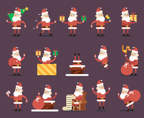 Santa Claus Cartoon Characters Poses Christmas New Year Icons Set Flat Design Vector Illustration