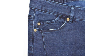 Blue jeans front pocket on white background