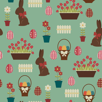 Easter seamless pattern. Chocolate bunny and decorated eggs in a