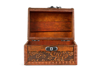 open wooden chest isolated on white background