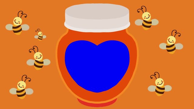 Cartoon Flying Bees and a Honey Jar with a Blue Label