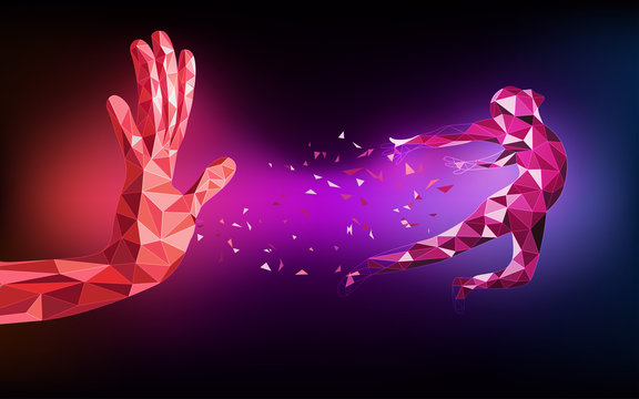 abstract of technological polygon hand, low poly running man, red purple technology revolution; futuristic backdrop; abstract science theme