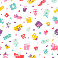 Party presents colorful seamless pattern with hearts and stars