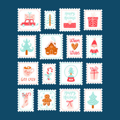 Winter holidays decorative post stamps set
