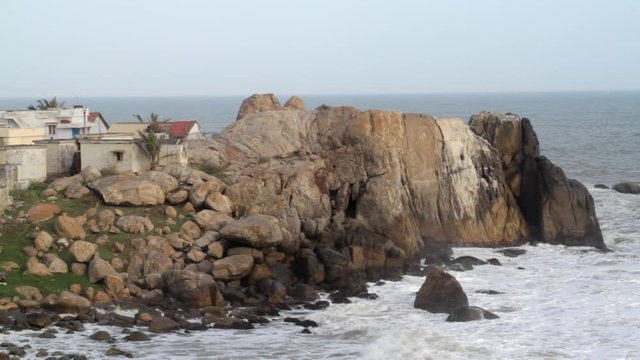 Rocky seascape in Muttom, Tamil Nadu, India..