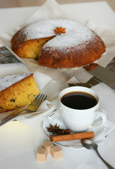 Cake made of corn flour and a cup of coffee..