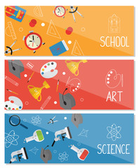 Obraz premium Flat design vector illustration concepts of education. Horizontal banners with school stickers. Science, Art and Back to school.