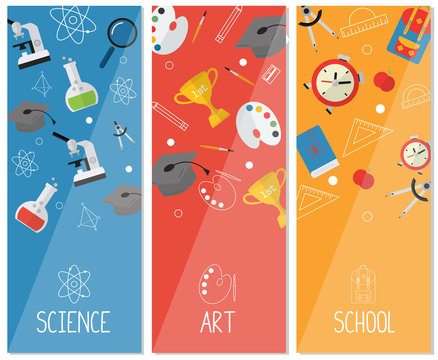 Flat design vector illustration concepts of education. Vertical banners with school stickers. Science, Art and Back to school. Concepts for web banners and promotional materials. - Powered by Adobe