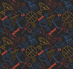 School seamless pattern. Back to school illustration on notebook paper background. High school objects college items in flat style.