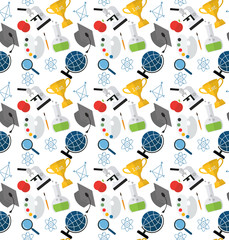 School seamless pattern. Back to school illustration on notebook paper background. High school objects college items in flat style.