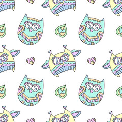 vector seamless pattern of cute ornamental owls, texture for fabric or paper print, souvenirs or babys products