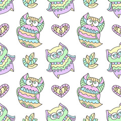 vector seamless pattern of cute ornamental owls, texture for fabric or paper print, souvenirs or babys products