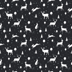 Seamless Christmas pattern with Deer and rabbit silhouettes on a black background