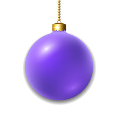 Merry Christmas 3D ball decoration. Purple glass bauble, isolated on white background. Bright shiny decorative holiday design. symbol Xmas, Happy New Year celebration. Vector illustration