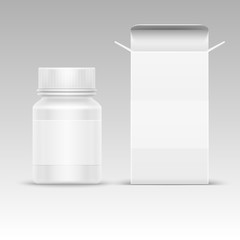 Medical blank packaging paper box and medicine plastic bottle for pills isolated on white vector illustration