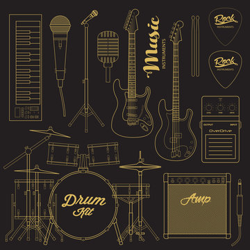 Vector rock music instruments. Stylized geometric flat line illustration musical kit for icon, banner, poster, flyer design. Drums, electric guitar, bass, microphone, keyboard illustration set. 