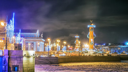 Christmas St. Petersburg. Spit of Vasilyevsky Island night view