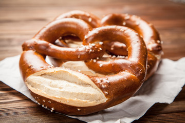 Pretzels on wooden table