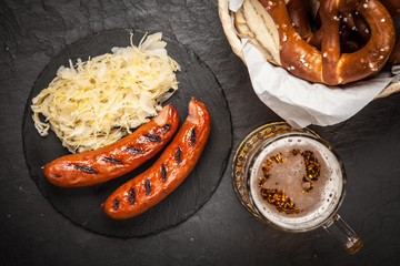 Pretzels, bratwurst and sauerkraut