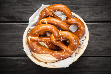 Pretzels on wooden table