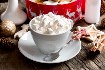 Hot chocoolate with marshmallow.Jar with gingerbreads.