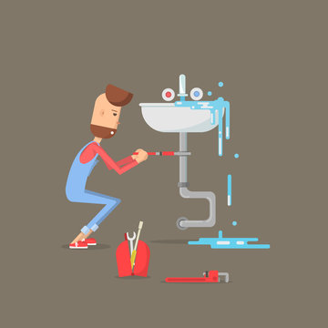 Plumber repairing faucet. Flat design vector illustration of plumber working in bathroom.