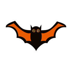 Flying black and orange bat vector icon. Halloween cartoon character.