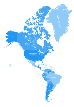 North and South America vector political map in tints of soft blue color palette