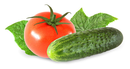 whole tomato and cucumber with leaf isolated on white background with clipping path
