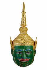 Indra Thai tradition Khon mask head, charactor when he was a king with white isolated background