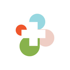 Isolated abstract colorful cross round medical logo. Religious sign. Doctor's office emblem. Ambulance label. First aid symbol. Plus button. Vector cross illustration.