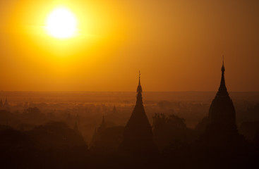 Panorama of Bagan pagodas valley shot at sunrise