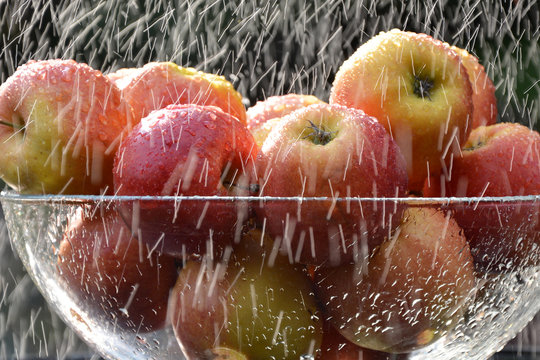 dojrzałe jabłka w strugach deszczu - zbliżenie