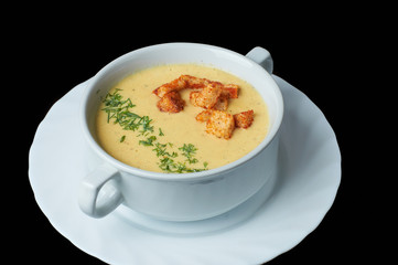 Soup in white tureen. A delicious and nourishing dinner.