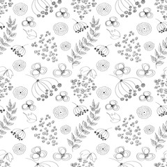Seamless vector black and white pattern with hand drawn drawn flowers, leaves. Series of Cartoon, Doodle, Sketch and Scribble Seamless Patterns and Backgrounds.