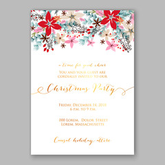 Merry Christmas party invitation with winter wreath. Pine, poinsettia