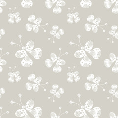 Seamless vector pattern with insects, background with white decorative ornamental beautiful butterflies on the grey backdrop. Decorative repeating tiled ornament. Series of Insects Seamless Patterns.